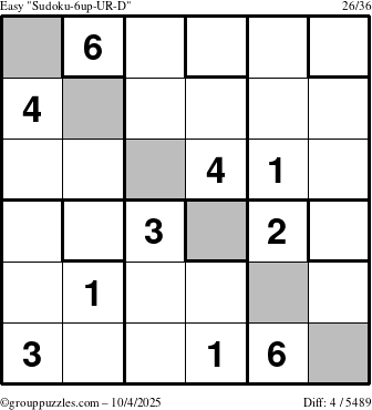 The grouppuzzles.com Easy Sudoku-6up-UR-D puzzle for Saturday October 4, 2025