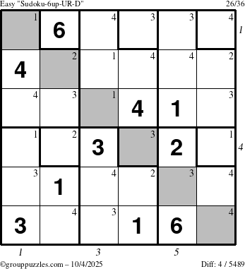 The grouppuzzles.com Easy Sudoku-6up-UR-D puzzle for Saturday October 4, 2025, suitable for printing, with all 4 steps marked