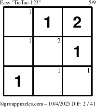 The grouppuzzles.com Easy TicTac-123 puzzle for Saturday October 4, 2025 with the first 2 steps marked