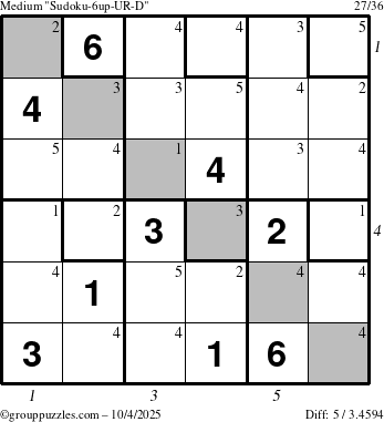 The grouppuzzles.com Medium Sudoku-6up-UR-D puzzle for Saturday October 4, 2025, suitable for printing, with all 5 steps marked