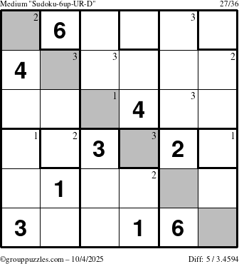 The grouppuzzles.com Medium Sudoku-6up-UR-D puzzle for Saturday October 4, 2025 with the first 3 steps marked