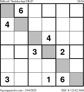 The grouppuzzles.com Difficult Sudoku-6up-UR-D puzzle for Saturday October 4, 2025