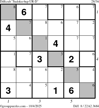 The grouppuzzles.com Difficult Sudoku-6up-UR-D puzzle for Saturday October 4, 2025, suitable for printing, with all 8 steps marked