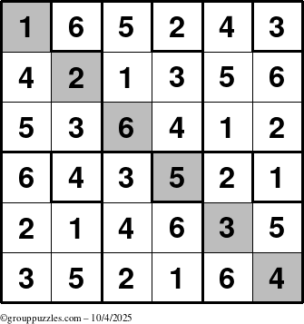 The grouppuzzles.com Answer grid for the Sudoku-6up-UR-D puzzle for Saturday October 4, 2025