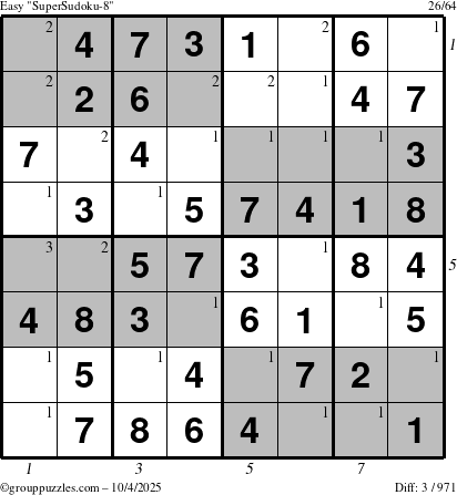 The grouppuzzles.com Easy SuperSudoku-8 puzzle for Saturday October 4, 2025 with all 3 steps marked