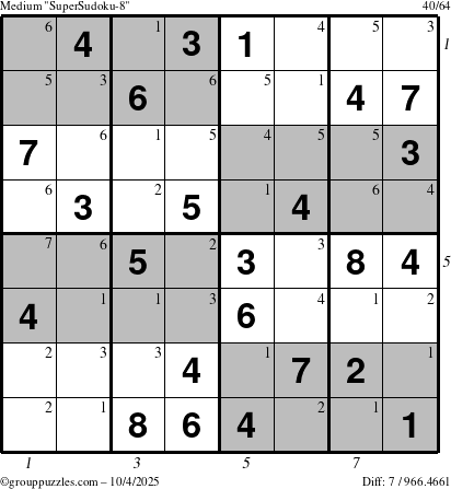 The grouppuzzles.com Medium SuperSudoku-8 puzzle for Saturday October 4, 2025 with all 7 steps marked