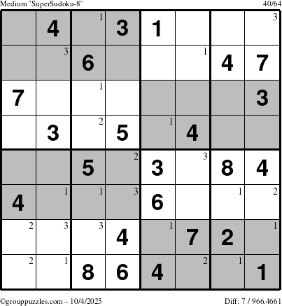 The grouppuzzles.com Medium SuperSudoku-8 puzzle for Saturday October 4, 2025 with the first 3 steps marked