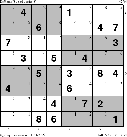 The grouppuzzles.com Difficult SuperSudoku-8 puzzle for Saturday October 4, 2025 with all 9 steps marked