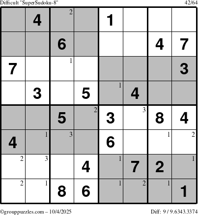 The grouppuzzles.com Difficult SuperSudoku-8 puzzle for Saturday October 4, 2025 with the first 3 steps marked