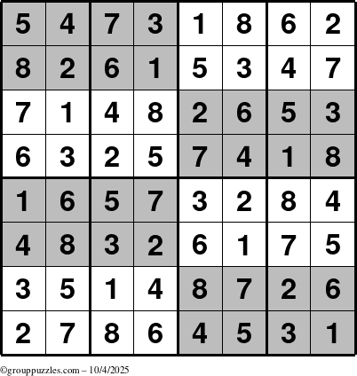 The grouppuzzles.com Answer grid for the SuperSudoku-8 puzzle for Saturday October 4, 2025