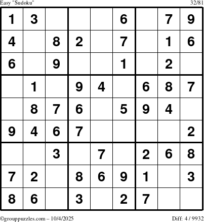 The grouppuzzles.com Easy Sudoku puzzle for Saturday October 4, 2025