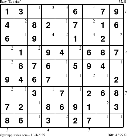 The grouppuzzles.com Easy Sudoku puzzle for Saturday October 4, 2025 with all 4 steps marked