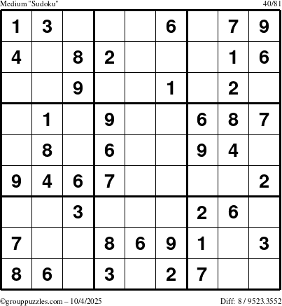 The grouppuzzles.com Medium Sudoku puzzle for Saturday October 4, 2025