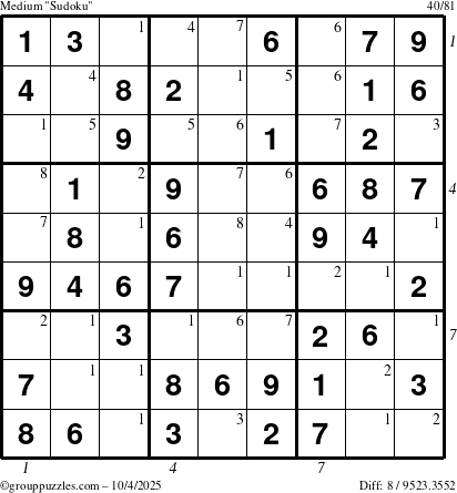 The grouppuzzles.com Medium Sudoku puzzle for Saturday October 4, 2025 with all 8 steps marked