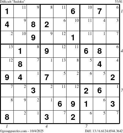 The grouppuzzles.com Difficult Sudoku puzzle for Saturday October 4, 2025 with all 13 steps marked