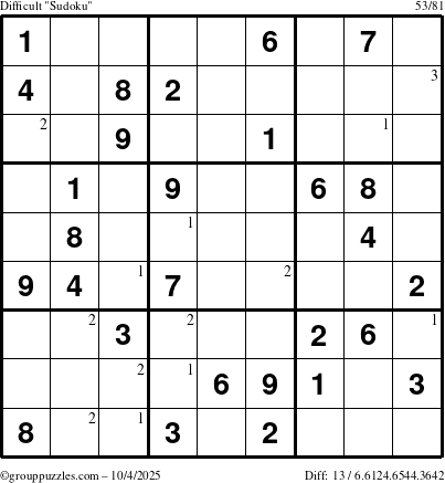 The grouppuzzles.com Difficult Sudoku puzzle for Saturday October 4, 2025 with the first 3 steps marked