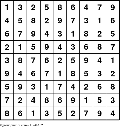 The grouppuzzles.com Answer grid for the Sudoku puzzle for Saturday October 4, 2025