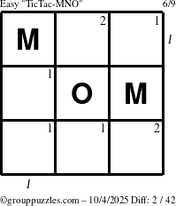The grouppuzzles.com Easy TicTac-MNO puzzle for Saturday October 4, 2025, suitable for printing, with all 2 steps marked
