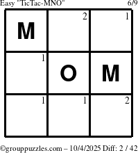 The grouppuzzles.com Easy TicTac-MNO puzzle for Saturday October 4, 2025 with the first 2 steps marked