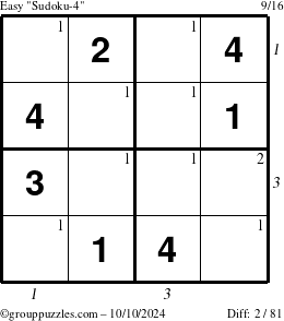 The grouppuzzles.com Easy Sudoku-4 puzzle for Thursday October 10, 2024 with all 2 steps marked