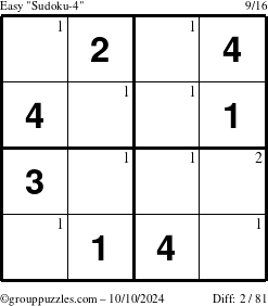 The grouppuzzles.com Easy Sudoku-4 puzzle for Thursday October 10, 2024 with the first 2 steps marked