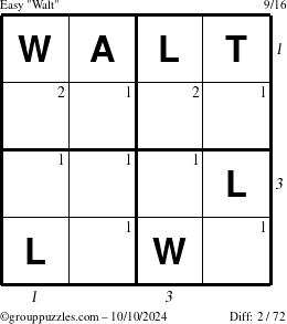 The grouppuzzles.com Easy Walt puzzle for Thursday October 10, 2024 with all 2 steps marked