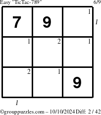 The grouppuzzles.com Easy TicTac-789 puzzle for Thursday October 10, 2024 with all 2 steps marked