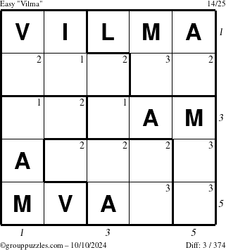 The grouppuzzles.com Easy Vilma puzzle for Thursday October 10, 2024, suitable for printing, with all 3 steps marked