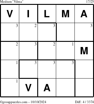 The grouppuzzles.com Medium Vilma puzzle for Thursday October 10, 2024 with the first 3 steps marked