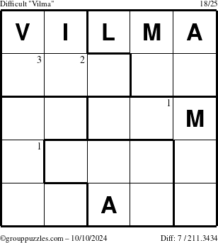 The grouppuzzles.com Difficult Vilma puzzle for Thursday October 10, 2024 with the first 3 steps marked