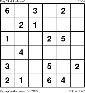 The grouppuzzles.com Easy Sudoku-Junior puzzle for Thursday October 10, 2024