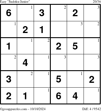 The grouppuzzles.com Easy Sudoku-Junior puzzle for Thursday October 10, 2024 with the first 3 steps marked