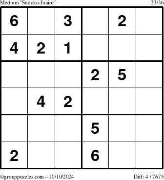 The grouppuzzles.com Medium Sudoku-Junior puzzle for Thursday October 10, 2024