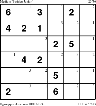 The grouppuzzles.com Medium Sudoku-Junior puzzle for Thursday October 10, 2024 with the first 3 steps marked