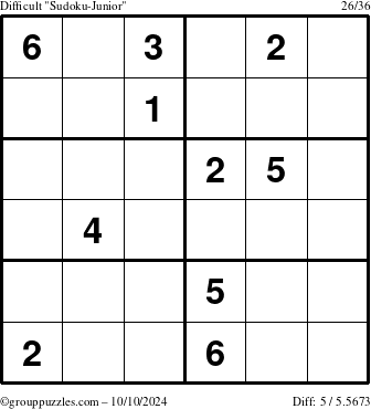 The grouppuzzles.com Difficult Sudoku-Junior puzzle for Thursday October 10, 2024