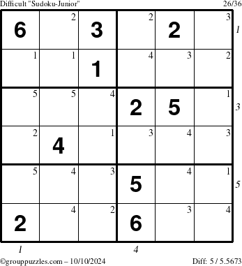 The grouppuzzles.com Difficult Sudoku-Junior puzzle for Thursday October 10, 2024 with all 5 steps marked