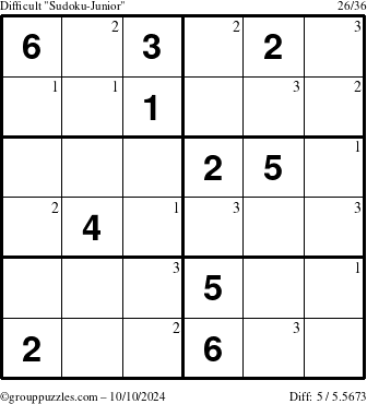 The grouppuzzles.com Difficult Sudoku-Junior puzzle for Thursday October 10, 2024 with the first 3 steps marked