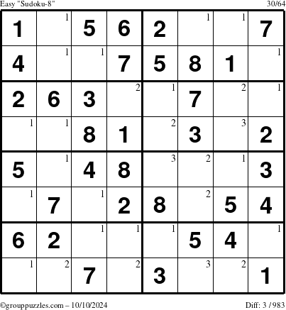 The grouppuzzles.com Easy Sudoku-8 puzzle for Thursday October 10, 2024 with the first 3 steps marked