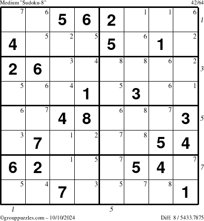 The grouppuzzles.com Medium Sudoku-8 puzzle for Thursday October 10, 2024 with all 8 steps marked