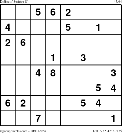 The grouppuzzles.com Difficult Sudoku-8 puzzle for Thursday October 10, 2024