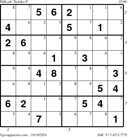 The grouppuzzles.com Difficult Sudoku-8 puzzle for Thursday October 10, 2024 with all 9 steps marked