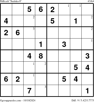 The grouppuzzles.com Difficult Sudoku-8 puzzle for Thursday October 10, 2024 with the first 3 steps marked