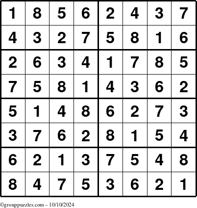 The grouppuzzles.com Answer grid for the Sudoku-8 puzzle for Thursday October 10, 2024