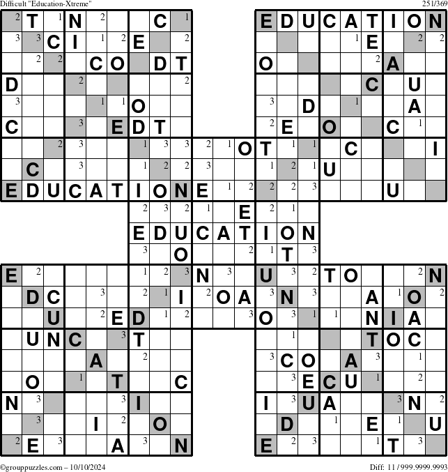 The grouppuzzles.com Difficult Education-Xtreme puzzle for Thursday October 10, 2024 with the first 3 steps marked