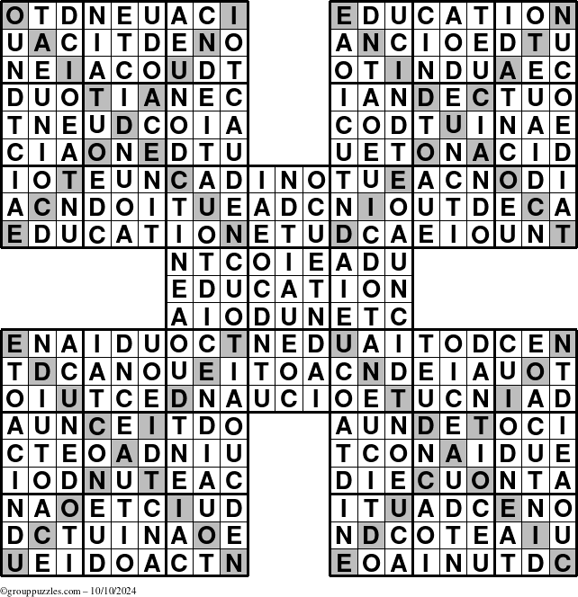 The grouppuzzles.com Answer grid for the Education-Xtreme puzzle for Thursday October 10, 2024