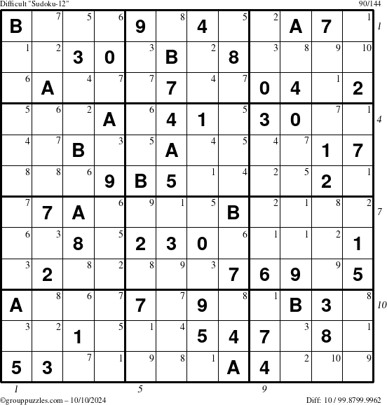 The grouppuzzles.com Difficult Sudoku-12 puzzle for Thursday October 10, 2024 with all 10 steps marked