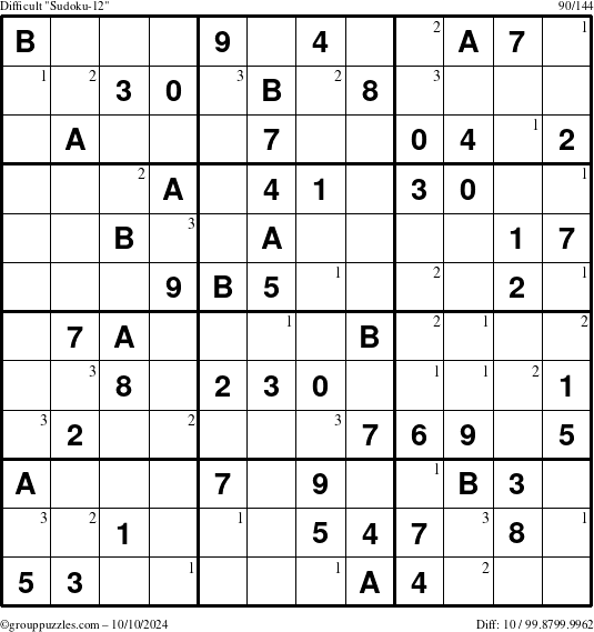 The grouppuzzles.com Difficult Sudoku-12 puzzle for Thursday October 10, 2024 with the first 3 steps marked