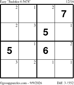 The grouppuzzles.com Easy Sudoku-4-5678 puzzle for Wednesday September 9, 2026 with the first 3 steps marked
