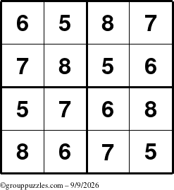 The grouppuzzles.com Answer grid for the Sudoku-4-5678 puzzle for Wednesday September 9, 2026