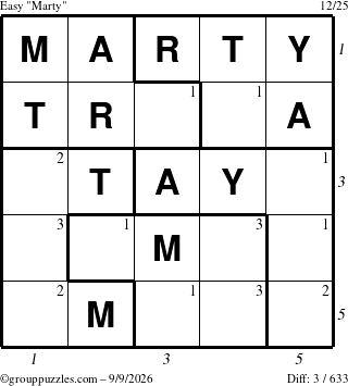 The grouppuzzles.com Easy Marty puzzle for Wednesday September 9, 2026 with all 3 steps marked